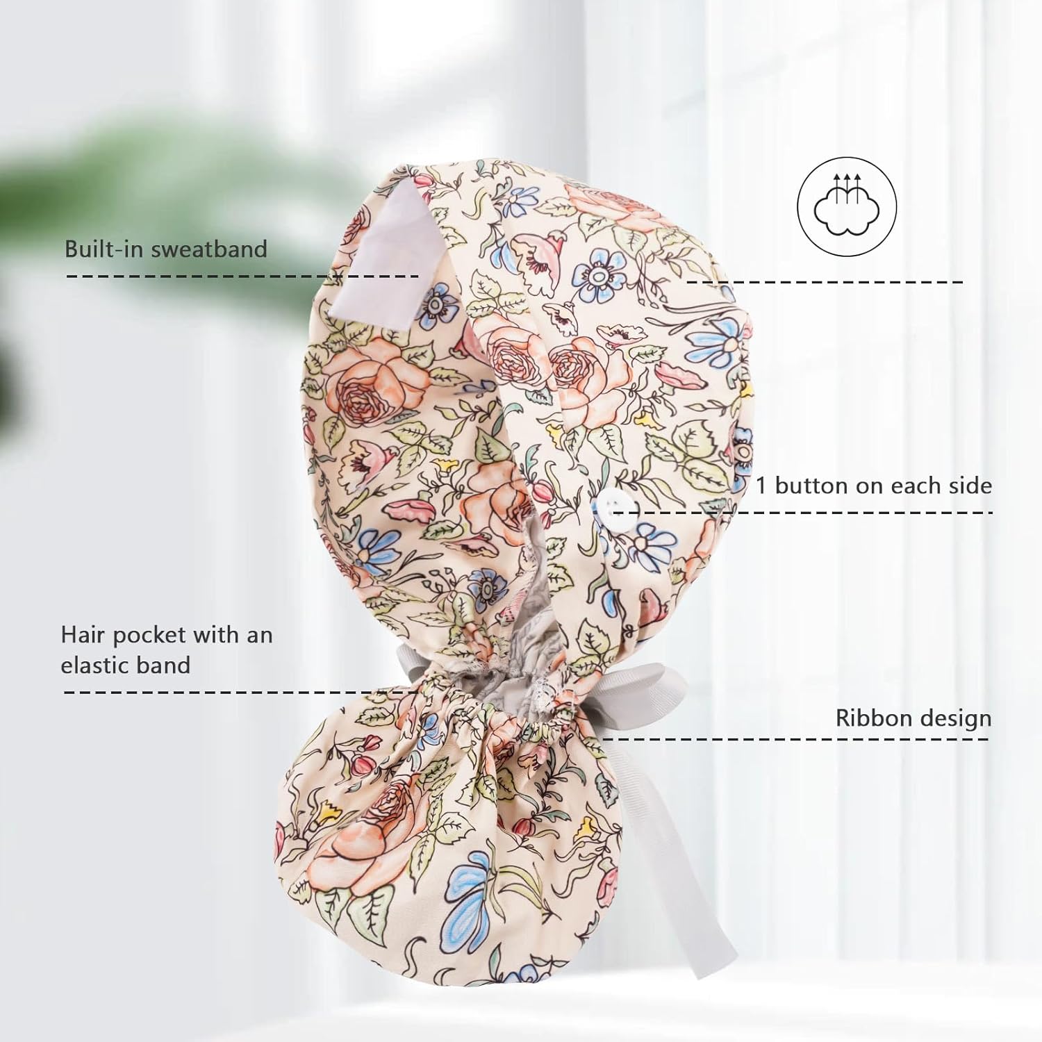 Hautton Ponytail Scrub Caps Women, 2 Pcs Surgical Nurse Hats with Buttons and Sweatband - Image 4