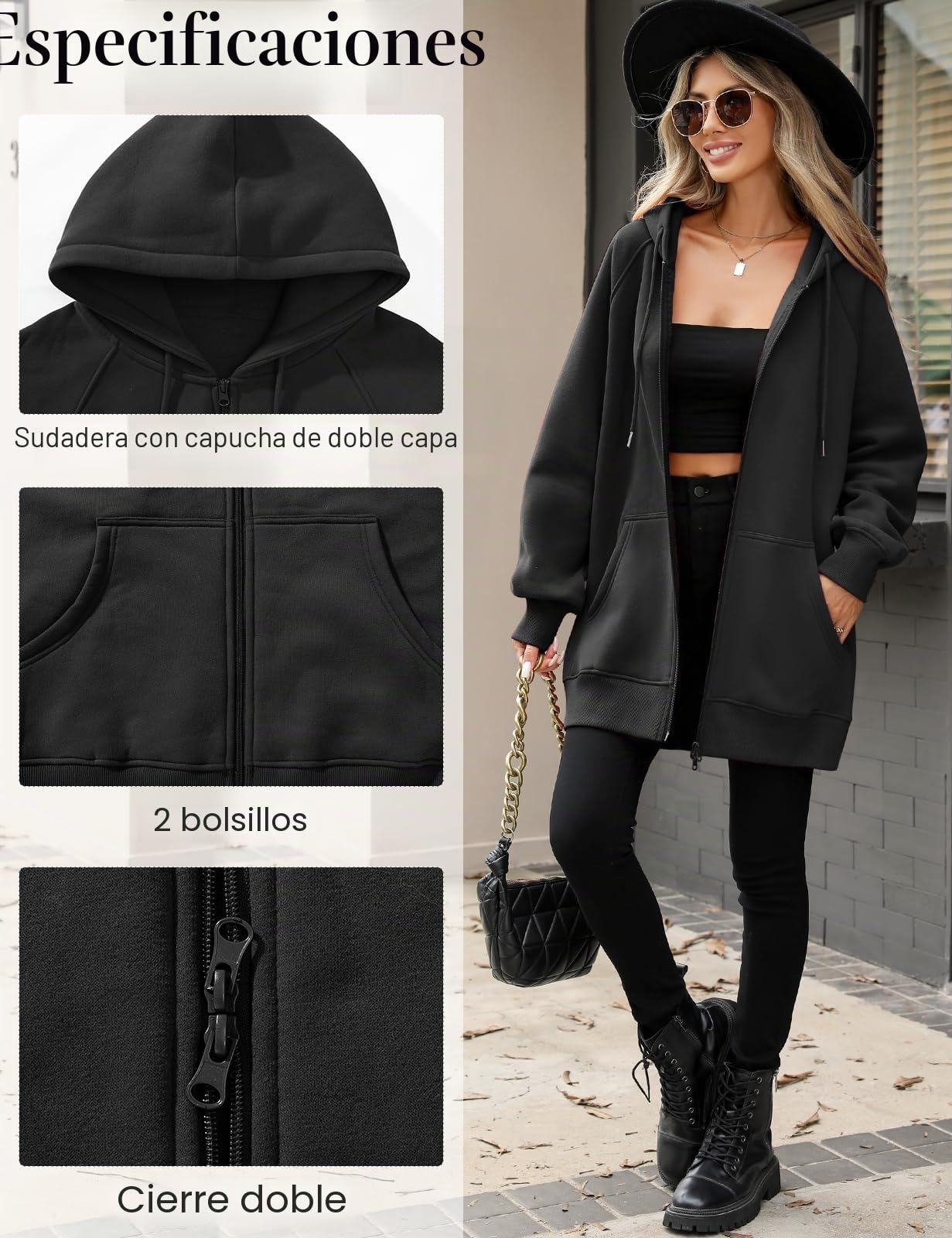 CMTOP Sudadera Cremallera Mujer Largo con Capucha Forro Polar Sudaderas de Manga Larga, Casual Color Sólido Abrigo Hoody Sweatshirt con Bolsillos, Hoodie para Primavera Otono Invierno