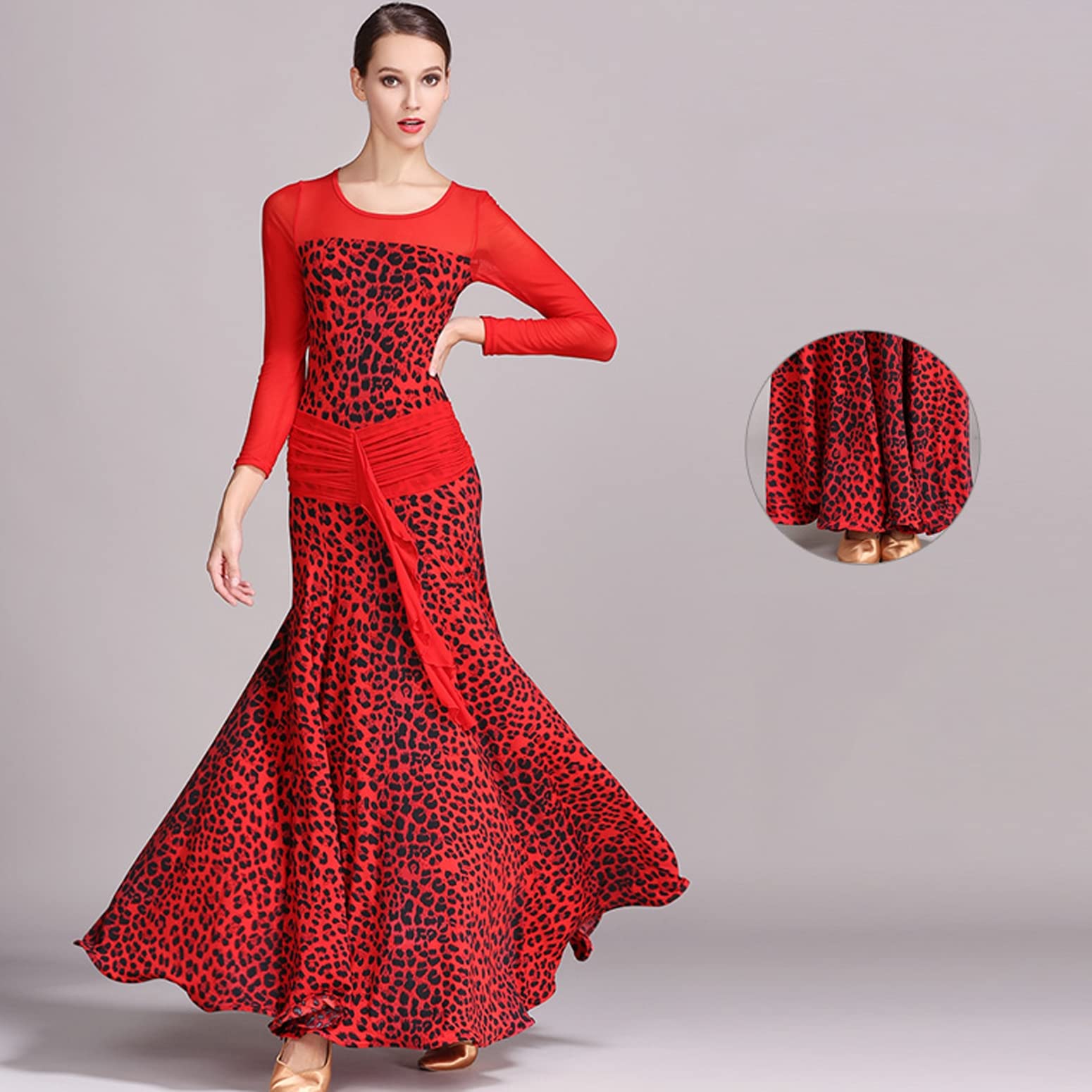 Disfraces De Actuación De Vals Estampados para Mujer Vestidos Entrenamiento Baile Flamenco Malla Manga Larga Ropa De Baile Plisada Tango Foxtrot De Cuello Redondo