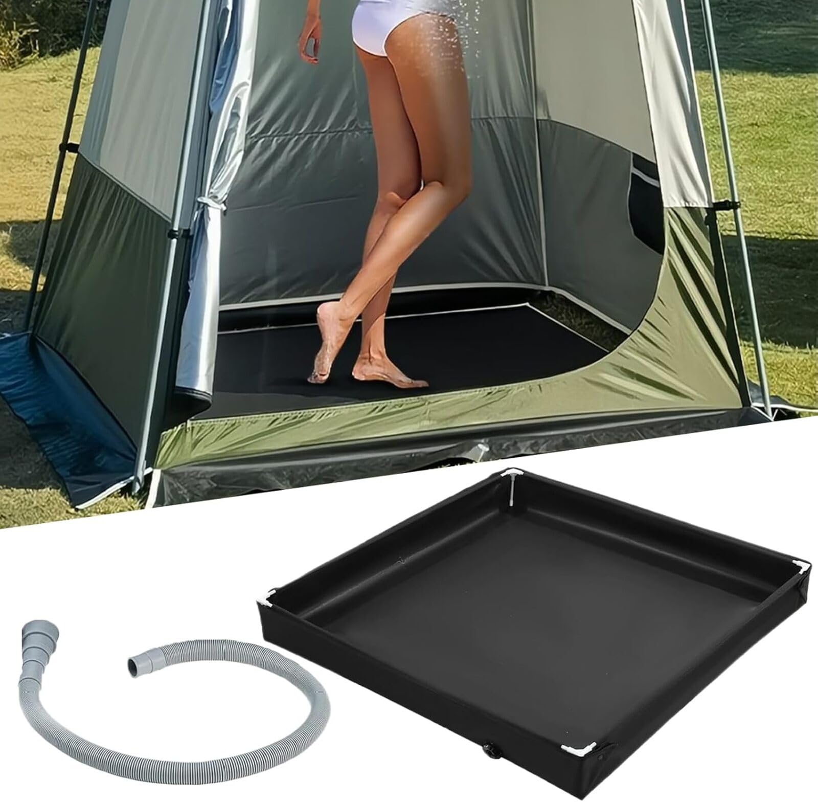 Base Doccia Pieghevole da Campeggio 80cm, Vassoio Portatile per Doccia Esterna con Tubo di Scarico Rapido | Base Bagno Pieghevole per Camper, Tenda, Piscina | Piatta Doccia per Esterno (nero)