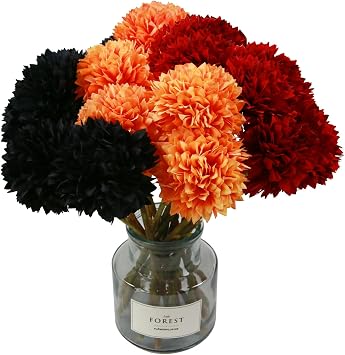 Tinsow Artificial Flowers Faux Ball Chrysanthemum Bouquet Flowers Bridal Wedding Bouquet for Home Garden Party Wedding Decoration 12, Black, Red, Orange