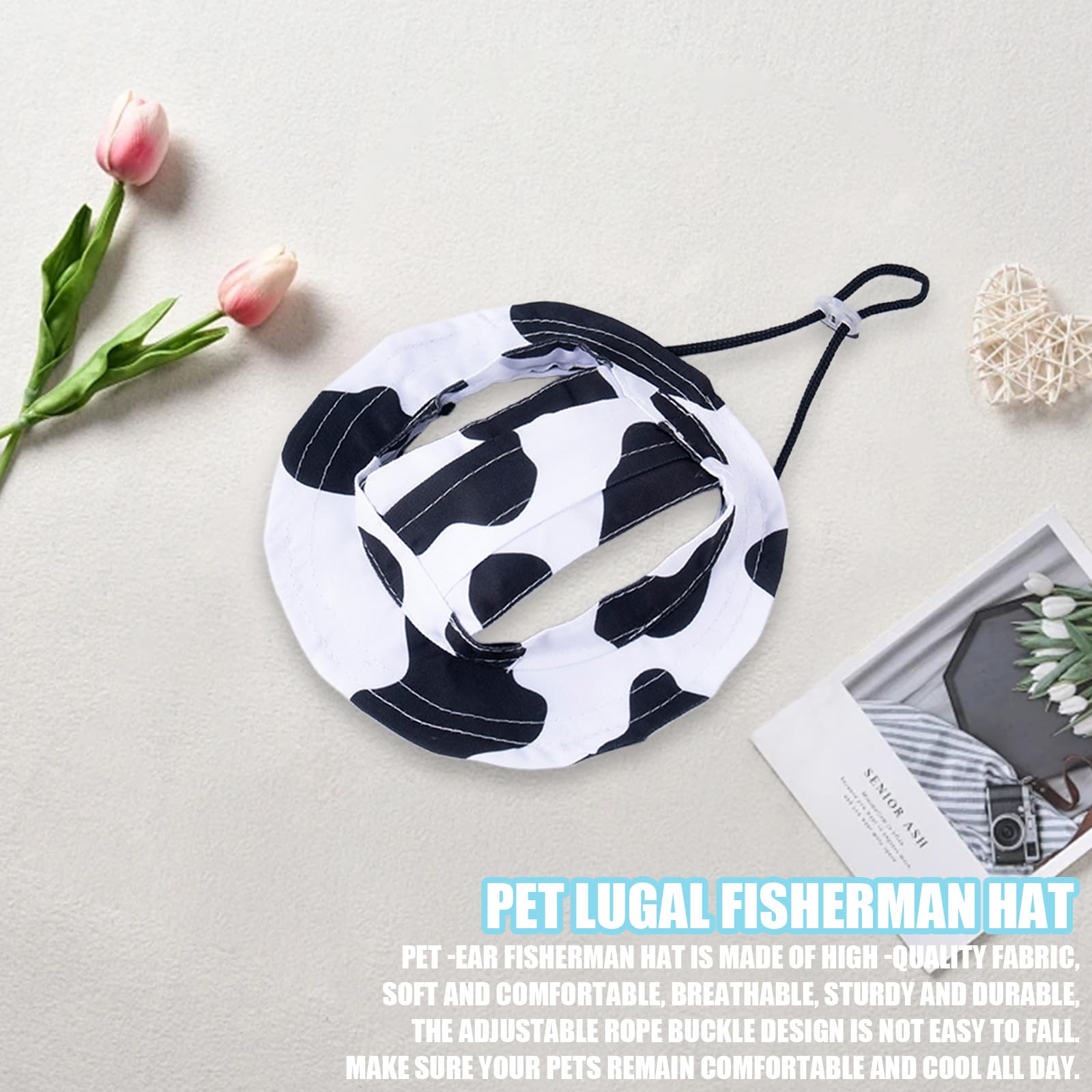 Dog Sun Hat,1PC Adjustable Princess Dog Bucket Hat with Ear Holes,Round Brim Dogs Visor Cap Pet Fisherman Hats for Pupies Small Dogs Cat Outdoor Sport (Black White - Image 4