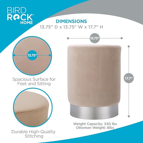 Birdrock Home ラウンドトープ ベルベット オットマン フットスツール – ソフトコンパクトパッド入りバニティスツール - リビングルーム、ベッドルーム、子供部屋に最適 - 小さな家具トープ