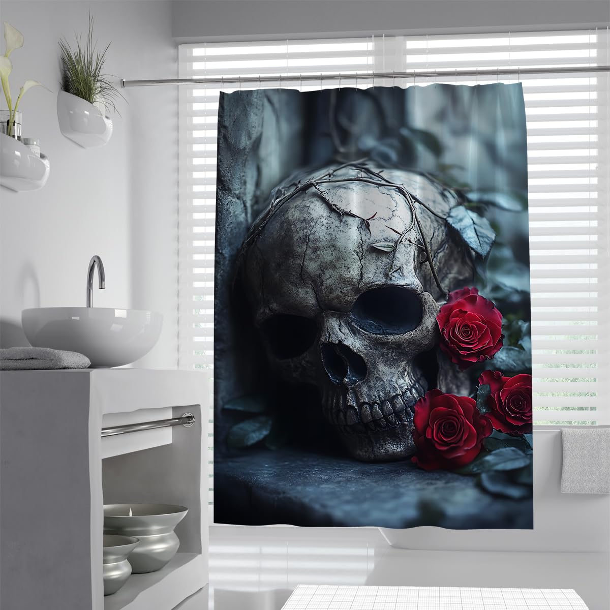Uiringart Shower Curtains Vintage Skull And Roses Shower Curtain W120xl180cm Gothic Horror Stone Skeleton Anti Mould Mildew Resistant Waterproof Fabric Bathroom Curtains With Hooks