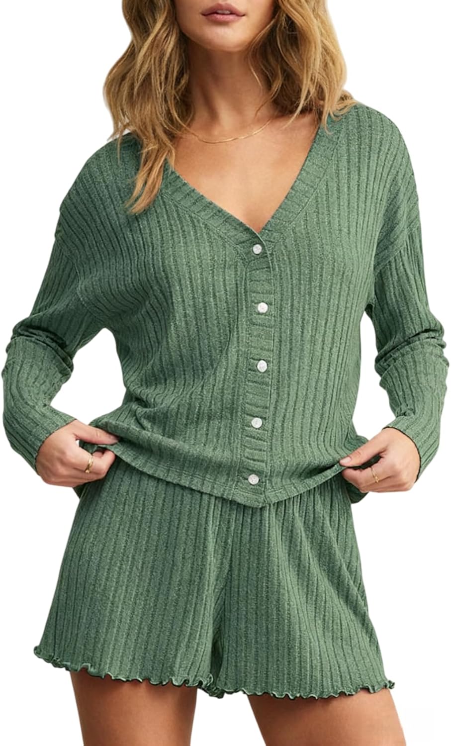 Dressmine Pajama Sets for Women 2 Piece Shorts Cute Button Up Pjs Set Fall Sleepwear Long Sleeve Loungewear Sets