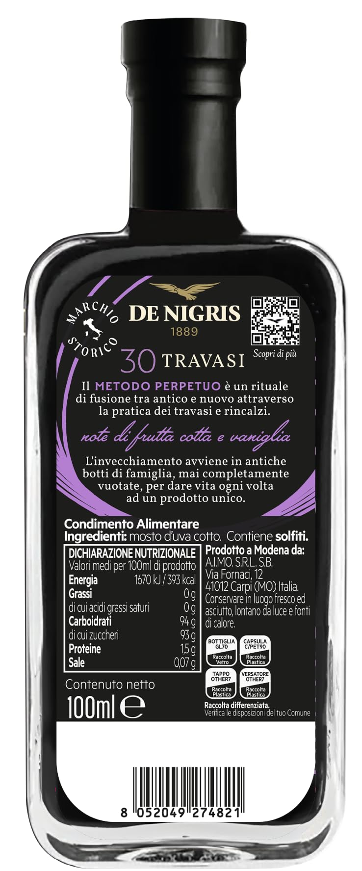 De Nigris 1889 Condimento 30 Travasi | Condimento a Base de Mosto de Uva Cocido Envejecido | Condimento, Equilibrio Perfecto entre Elegancia y Frescura, 100ml