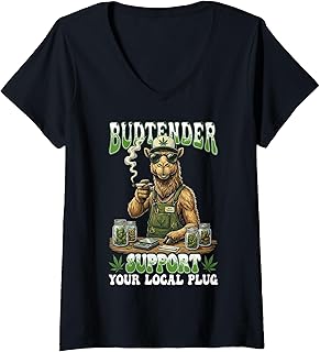 Women's Funny Budtender Support Your Local Plug Camel 420 Stoners V-Neck T-Shirt