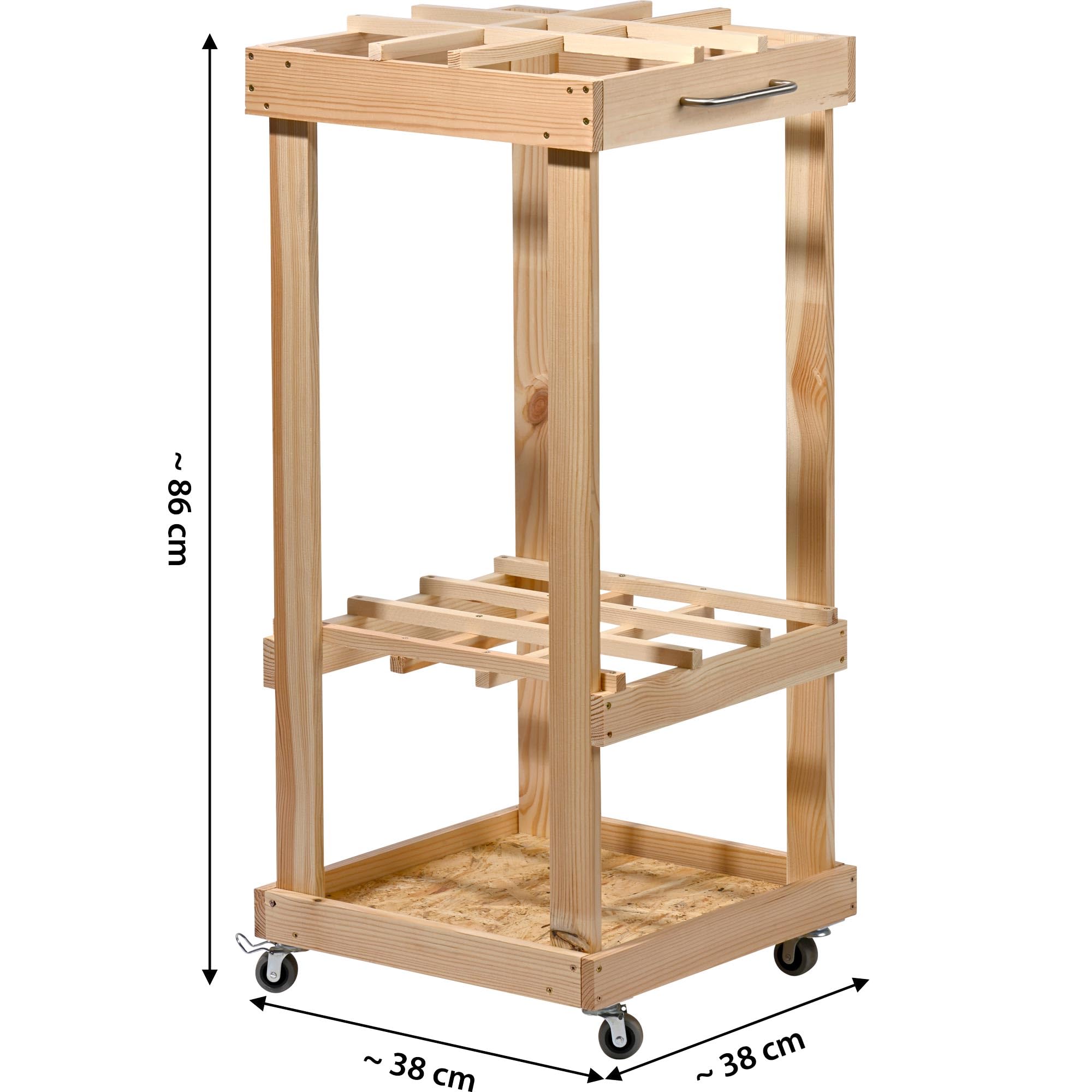 dobar® Organizador de herramientas de jardín con ruedas - Soporte móvil de madera para herramientas de jardín - Estante de herramientas de jardín enrollable para jardín, garaje y cobertizo - 38 x 38 x