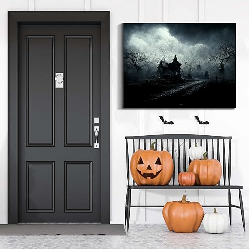 Miniatura 59 de Denozer Lienzo decorativo para pared de Halloween, castillo de terror de 32 x 24 pulgadas, decoración de pared de luna, decoración de otoño de Obra
