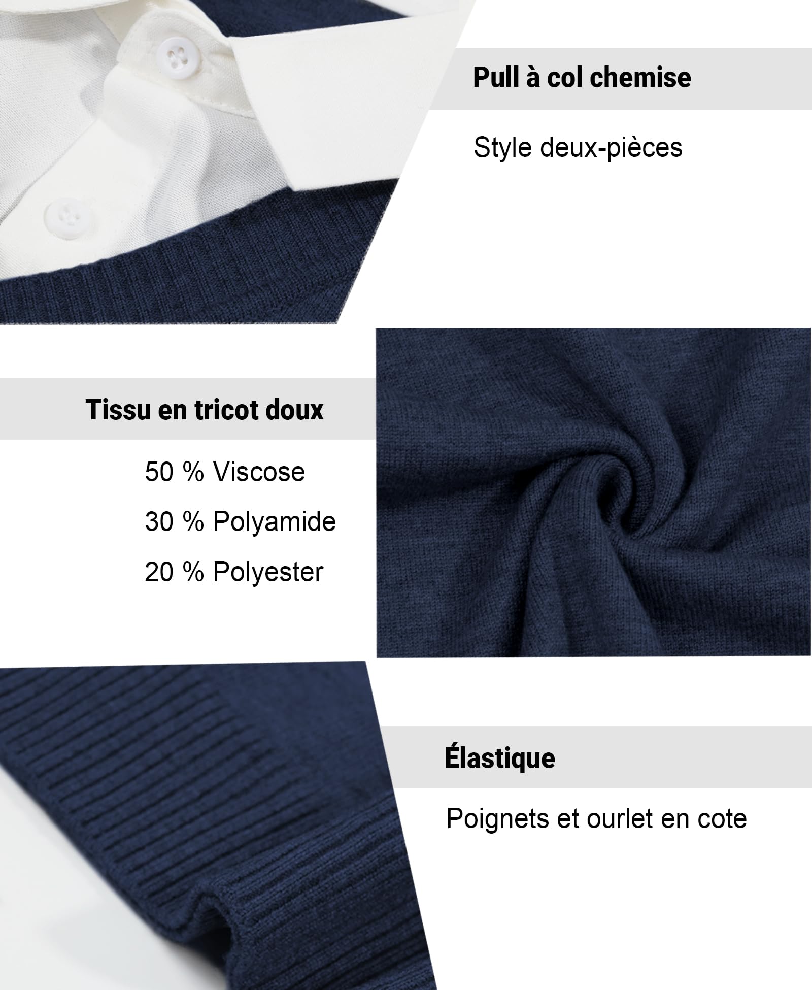 Pull Homme Col Chemise Pullover Manches Longues Tricot | Col Classique Pull en Tricot pour l'automne Hiver Élégance Décontractée
