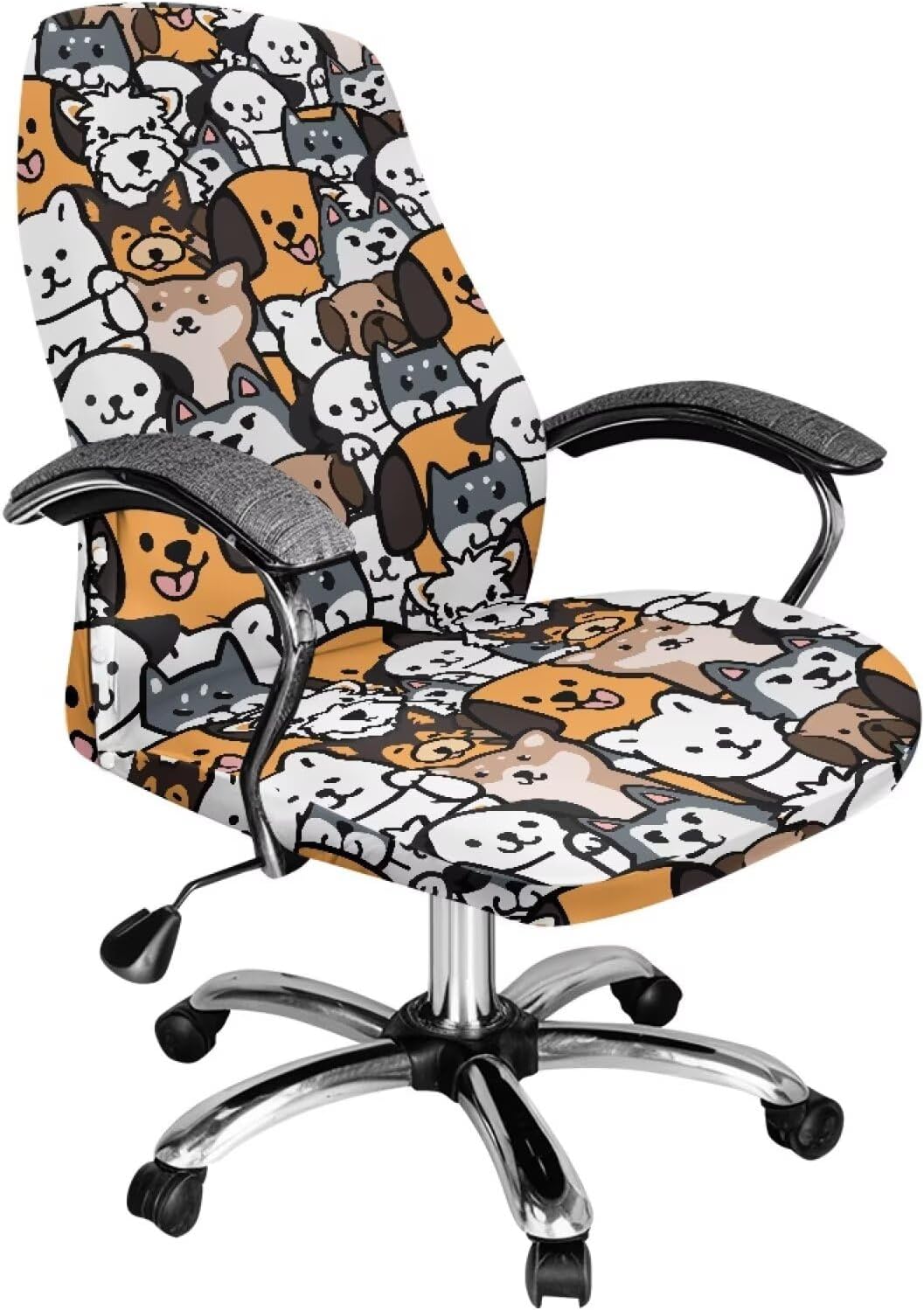 Cute Cartoon Dog Print Computer Office Chair Cover, Removable Thick Desk Chair Cover Water Resistant High Back Chair Slipcover Non Slip Chair Seat Protector with Elastic Bottom-L