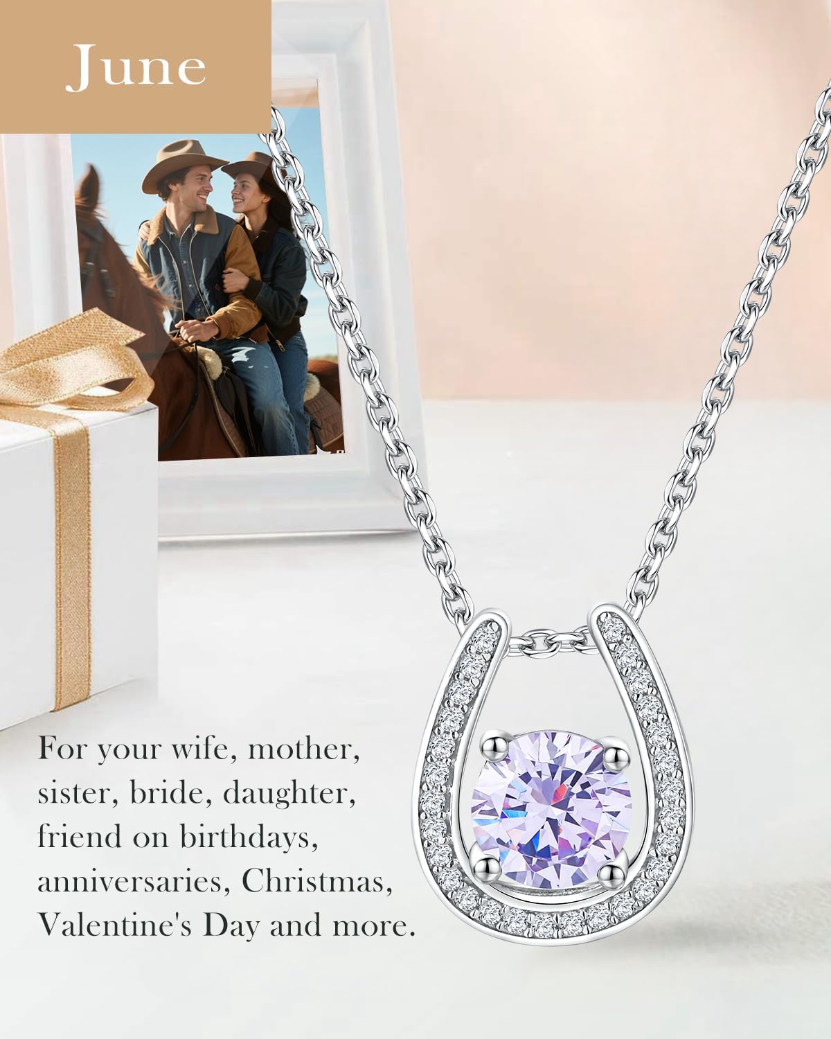 Sterling Silver Birthstone Horseshoe Necklace for Women Good Luck Pendant Necklace Jewelry for Birthday Wedding(with Gift Box) - Image 7