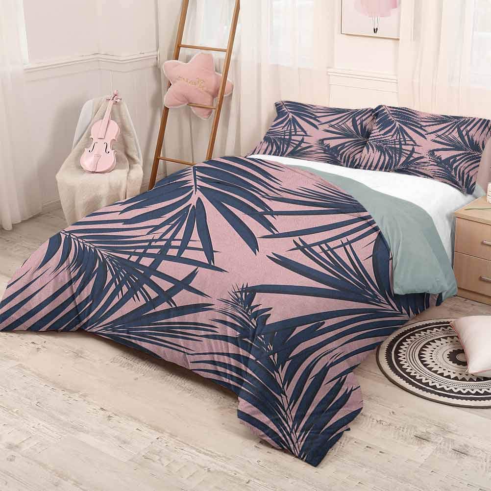 prunushome Navy and Blush Modern Duvet Cover SetSummer Exotic Floral Tropical Palm Tree Leaf Banana Plant Hawaii Lightweight Night Blue Pale Pink 90x90in/20x30inx2