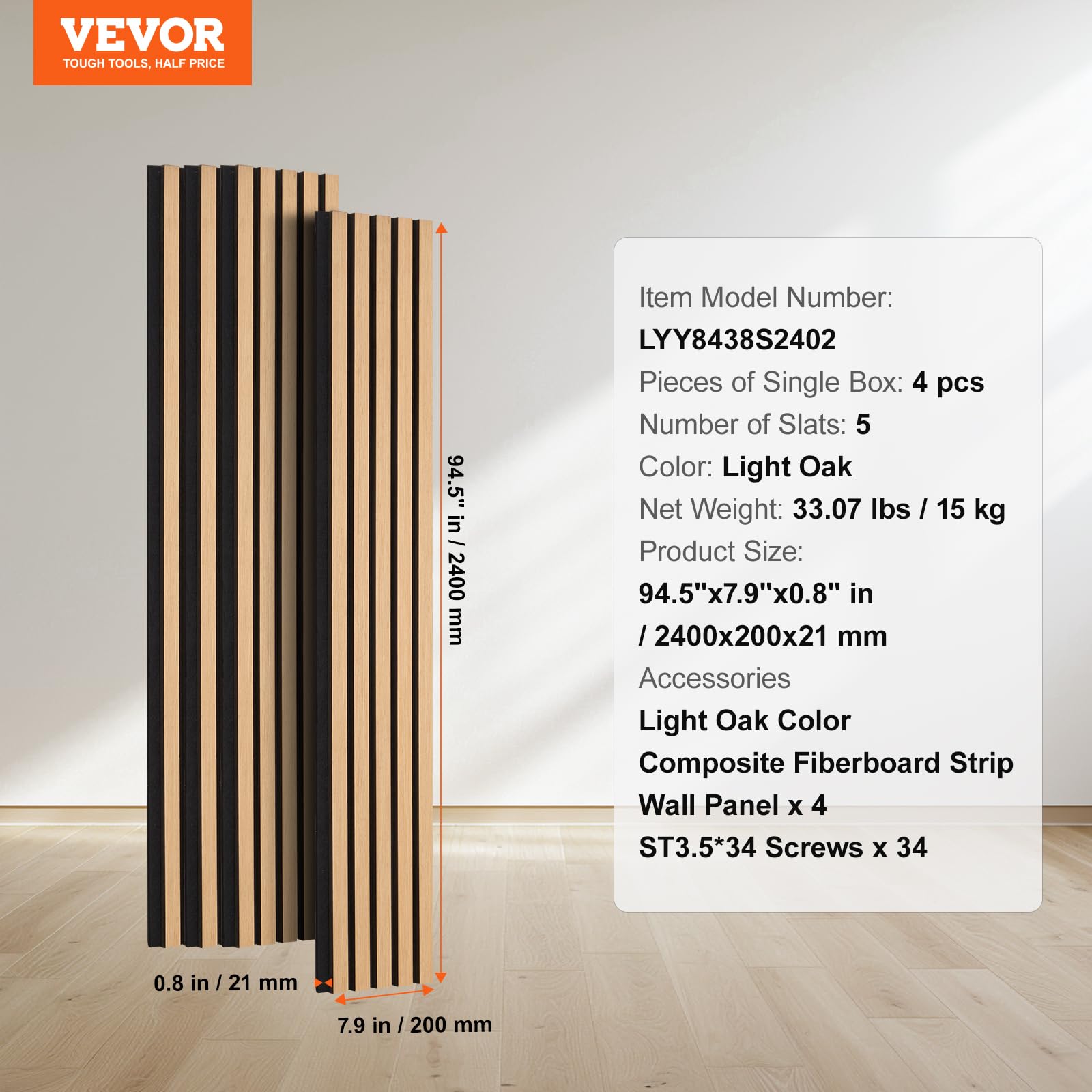 VEVOR Pannelli Acustici a Doghe in Legno 2400 x 200 mm Pannelli da Parete in Legno MDF con Accenti per Decorazione Pareti Interne, Pannelli da Parete in Finto Legno, Riduzione di Rumore, Rovere Chiaro