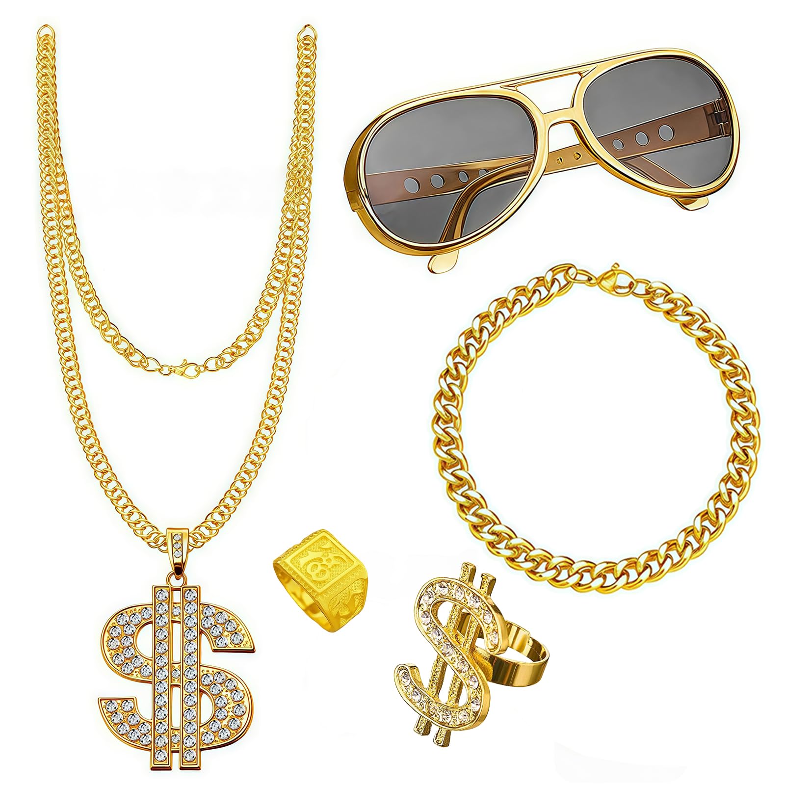 GWAWG 5 PCS 90s Hip Hop Fancy Dress Accessories, Hip Hop Party Decorations, Hip Hop Costume, Ring, Hippie Glasses