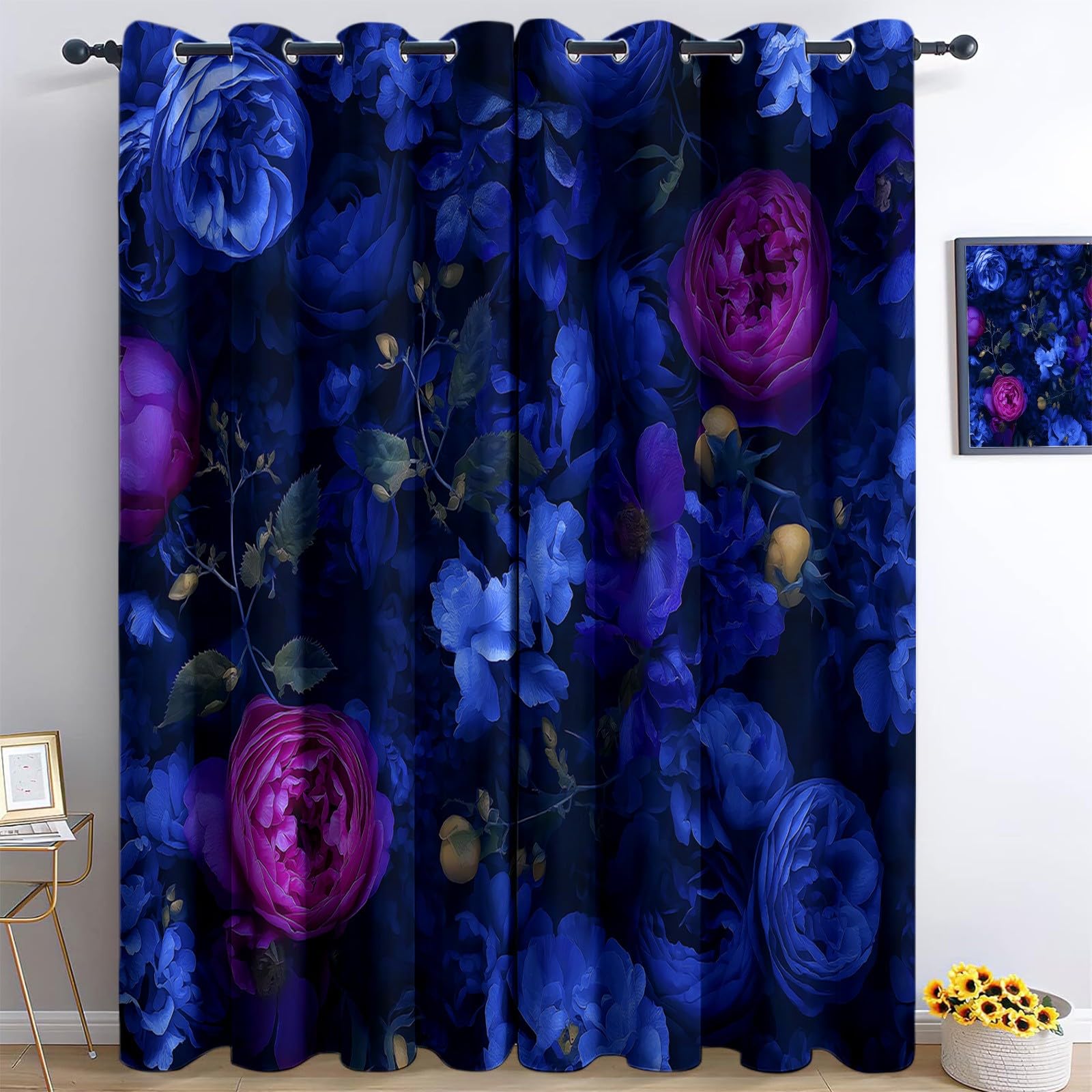 Genérico Fotografía de Flores Azul Oscuro Cortinas Opacas térmicas Que bloquean la luz, Retro Tradicional Cortinas Opacas con Ojales para Dormitorio y Sala de Estar 140 x 260 cm (2 Paneles)