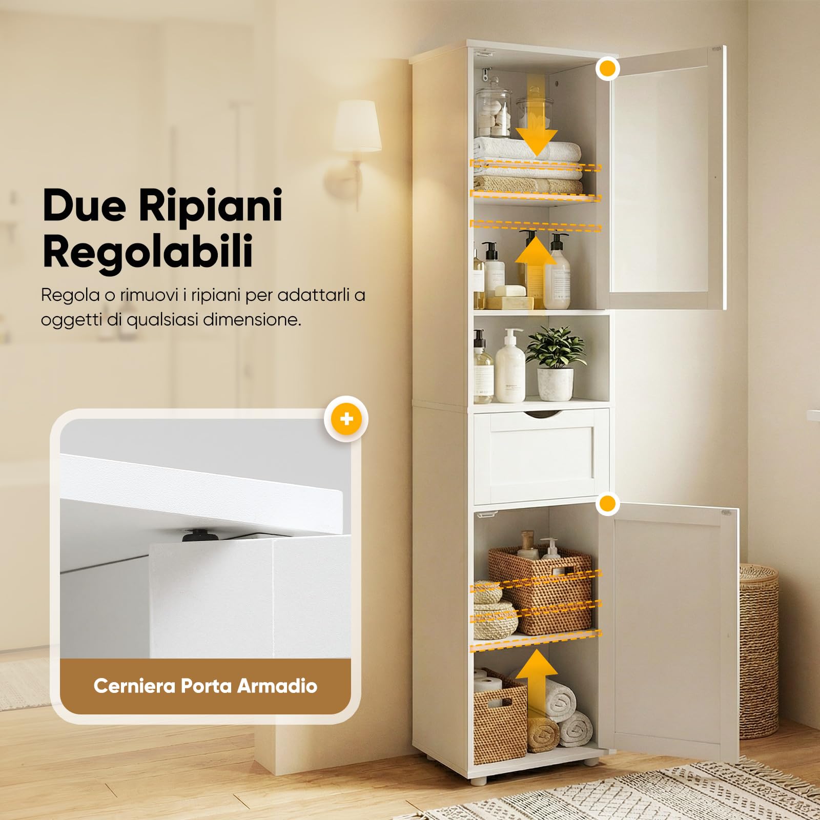 HOKEEPER Mobile alto da bagno bianco – Armadio da bagno sottile con 2 ante e scomparti aperti – Mensola da bagno indipendente & Armadio da cucina – Salvaspazio per bagno e soggiorno | Sottile salvaspazio armadietto alto armadio cucina mensola con anta per