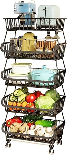 Miniatura 31 de Wisdom Star Cesta de frutas de 5 niveles para cocina, carrito de almacenamiento de verduras con mesa de madera, cesta de verduras para cebollas y