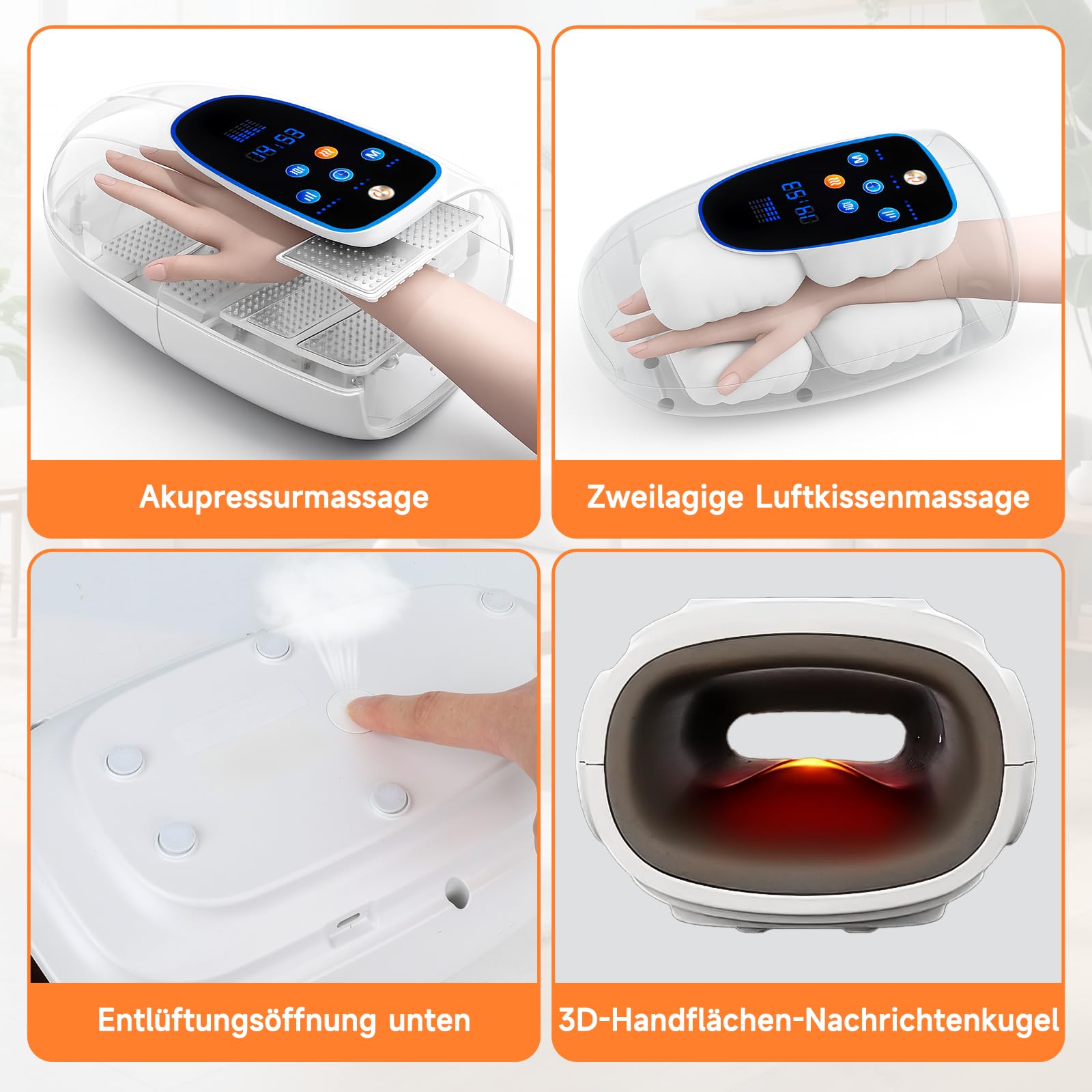 Elektrische Handmassagegeräte, Kabelloses Massagegerät mit Wärme & Rollknetmassage, 3 Massage-Modi, Tragbares Touchscreen-Handmassagegerät für Arthritis und Karpaltunnel (Weiß)