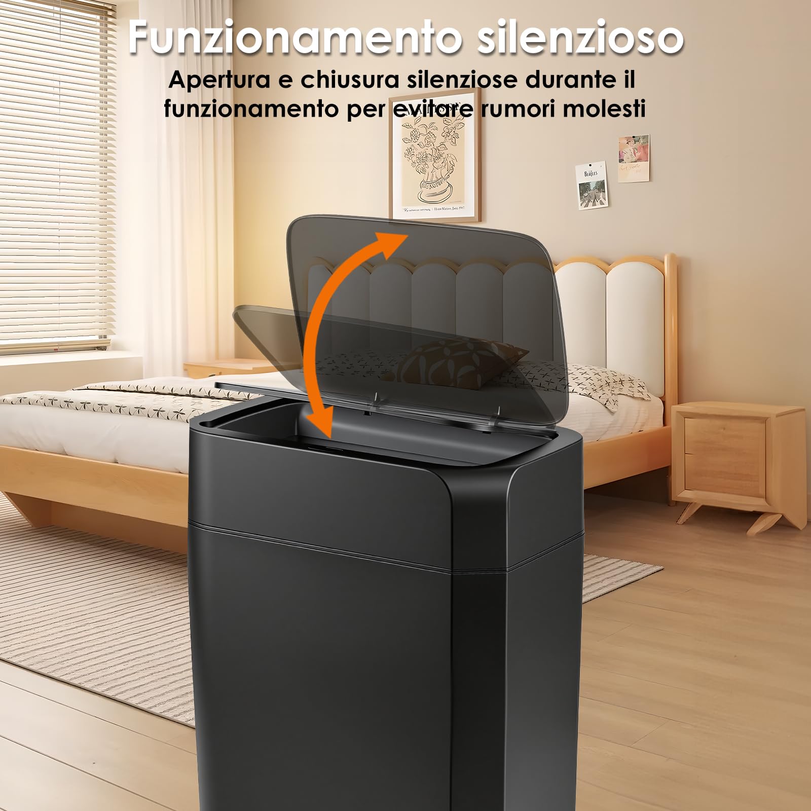 Pattumiera con sensore, 16 l, automatica, touchless, con sensore di mano e ginocchia, risposta rapida, silenziosa, facile da pulire, ideale per bagno, camera da letto, cucina, soggiorno (nero)