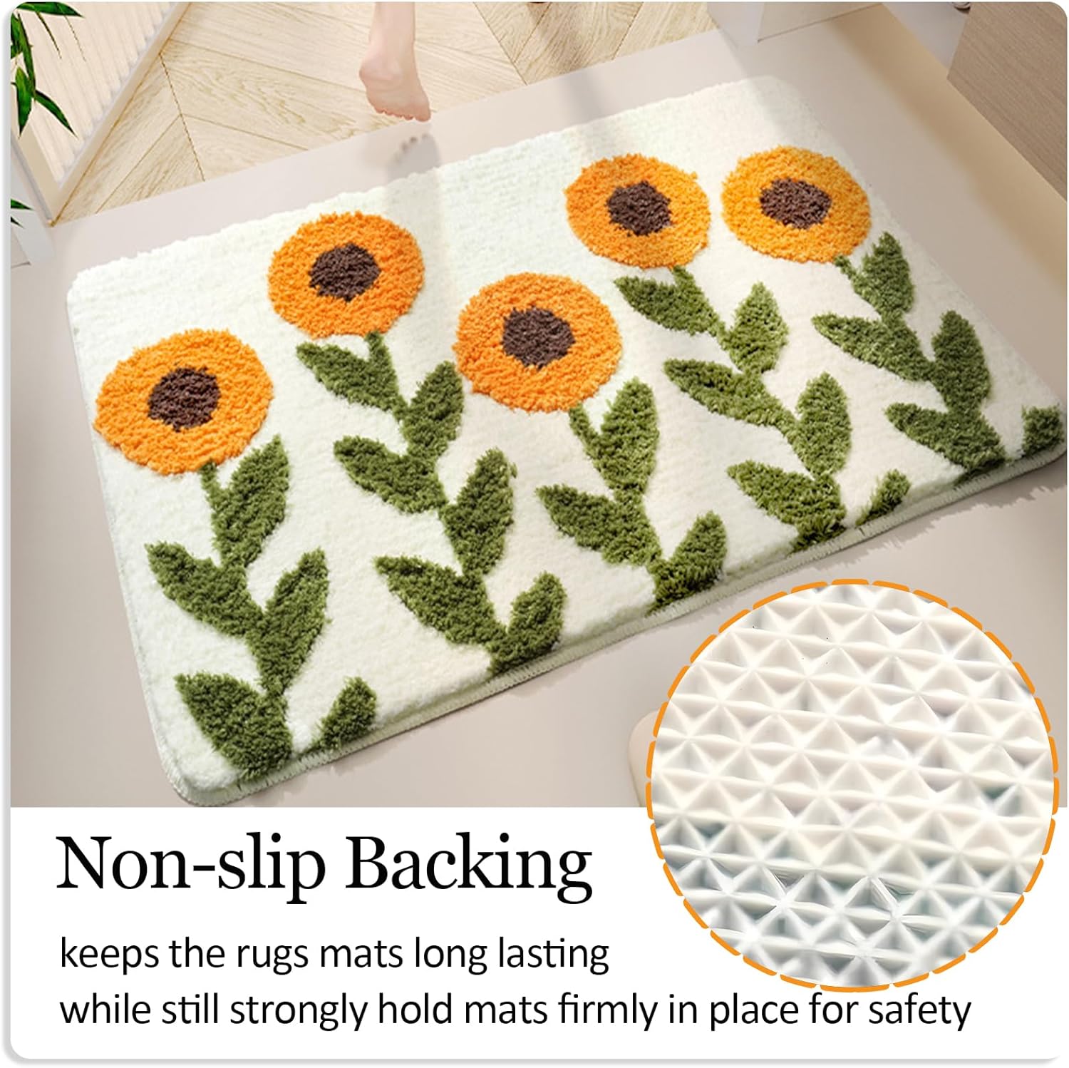 Cute Flower Rug Bathroom Floral Bath mat Super Soft and Absorbent Microfiber Plush Non-Slip Fun Shower Room Décor for Bathroom Bathtub Doorway (Sunflower, 31.5x19.7inch)