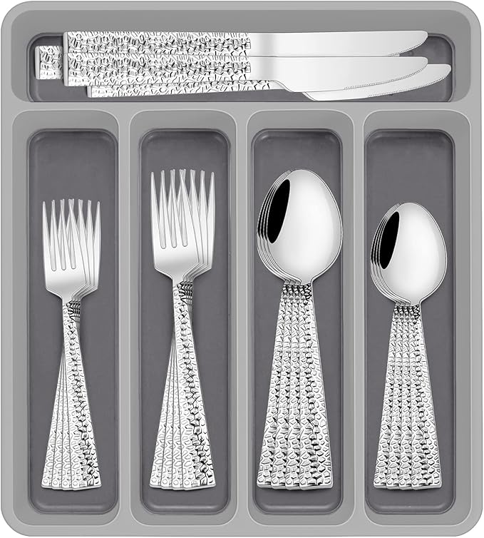 40-Piece Hammered Silverware Set with Organizer, Stainless Steel Square Flatware Set for 8, Food-Grade Tableware Cutlery Set, Utensil Sets for Home Restaurant, Mirror Finish, Dishwasher Safe