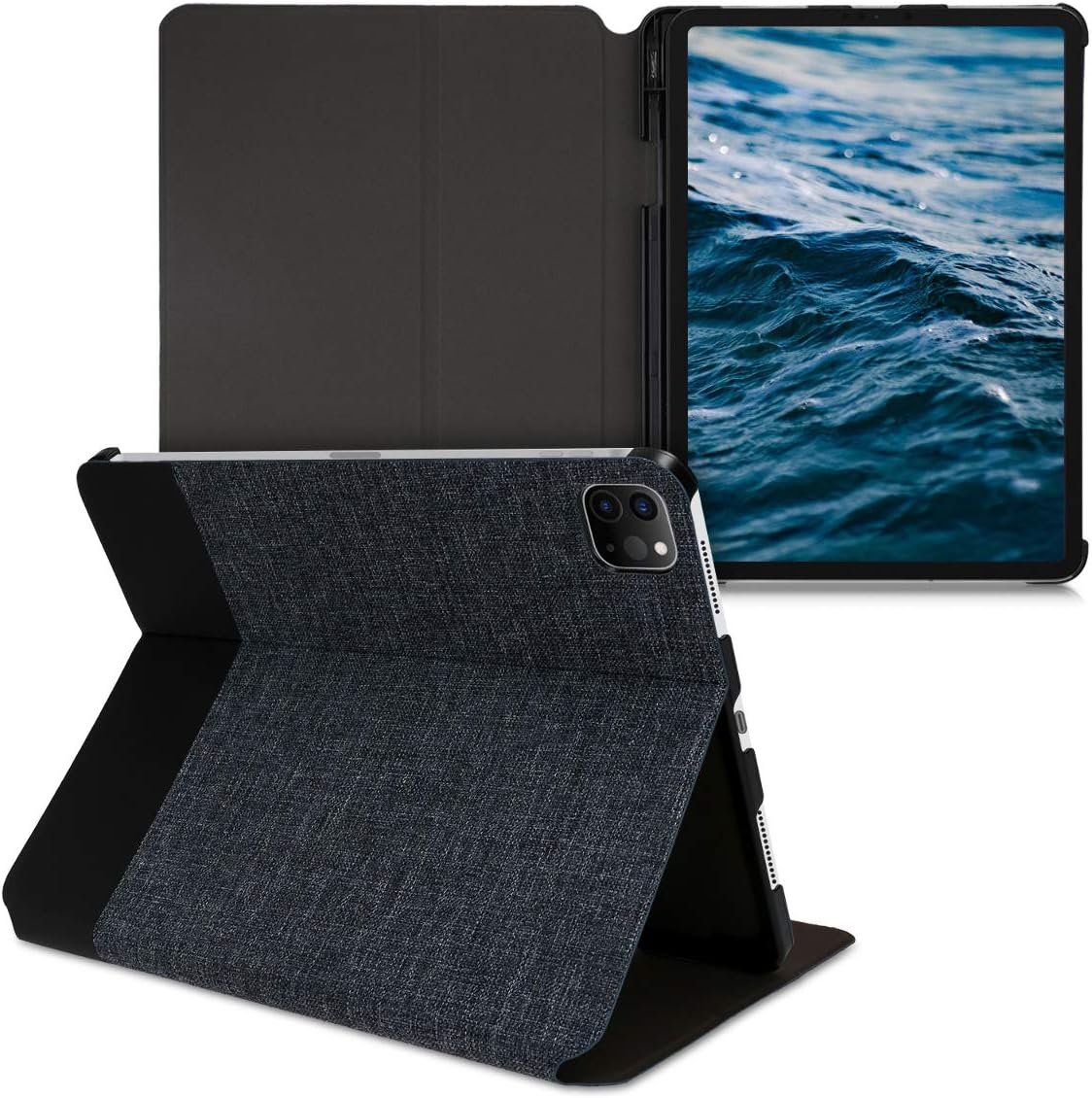 kwmobile Case Compatible with Apple iPad Air 5. Gen (2022) / iPad Pro 11" (2020) - PU Leather and Canvas Cover with Stand Feature - Dark Blue/Black