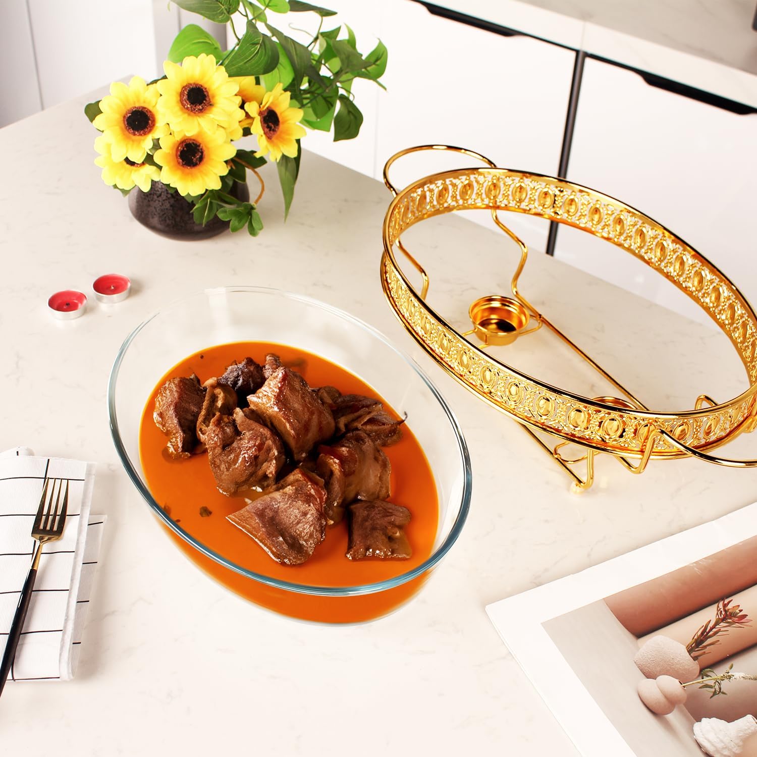 Casserole Dish 13" x 9" Glass Baking Dish with Stainless steel Lid and rack, Golden oval 2.5 Qt Large Baking Pan For Casserole & Lasagna, Microwave Dishwasher Freezer Oven Safe