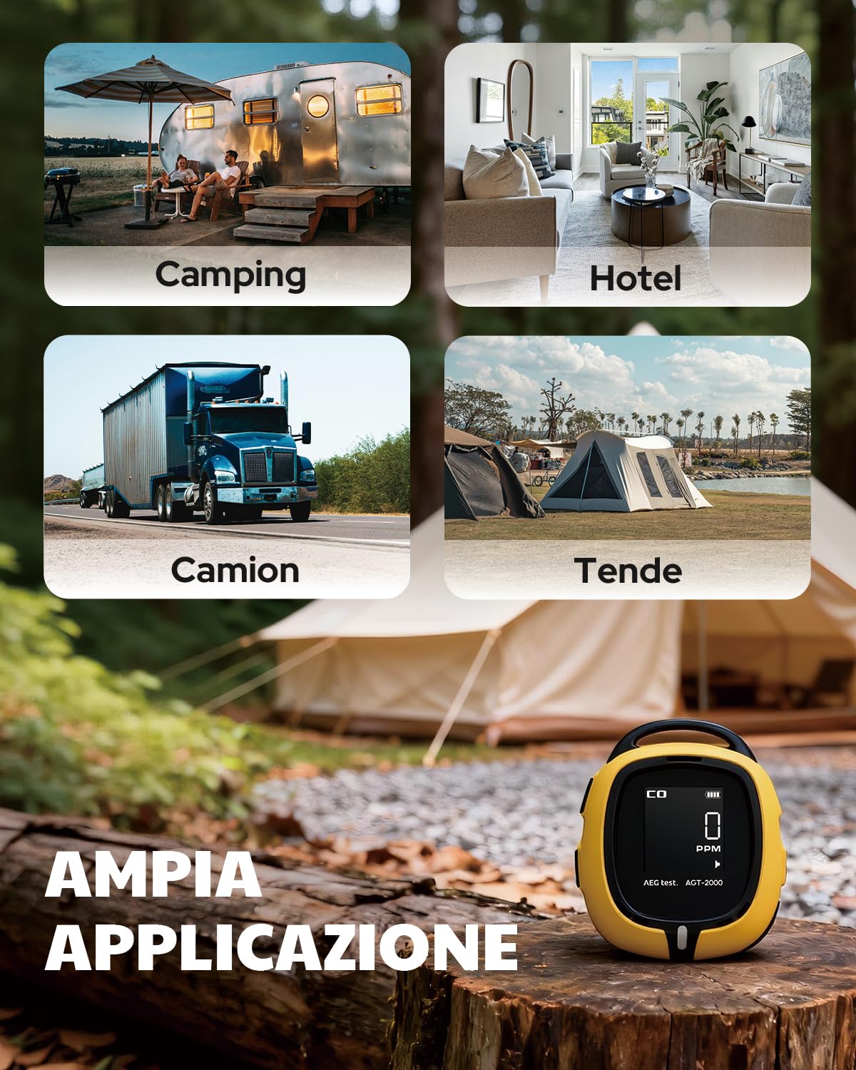 AGT-2000 Rilevatore Portatile di Monossido di Carbonio da Viaggio, 240H di Autonomia, Rilevatore CO con Allarmi Acustici e Visivi per Campeggio, Ricaricabile, Con Torcia di Emergenza Integrata