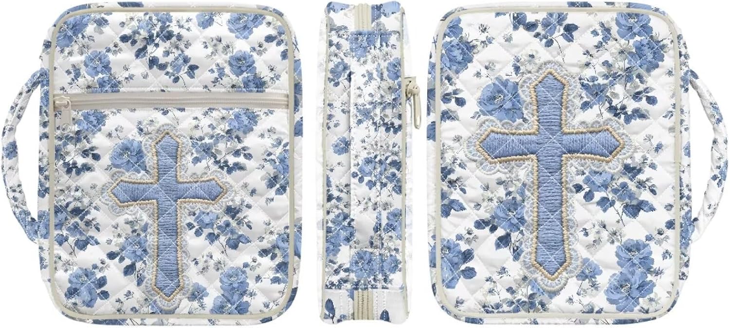 Bible Cover Case for Women Cross Blue Rose Girls Large Bible Cover with Handle and Zippered Pocket, Stylish Chenille Carrying Bag Study Supplies, Present for Christians Women