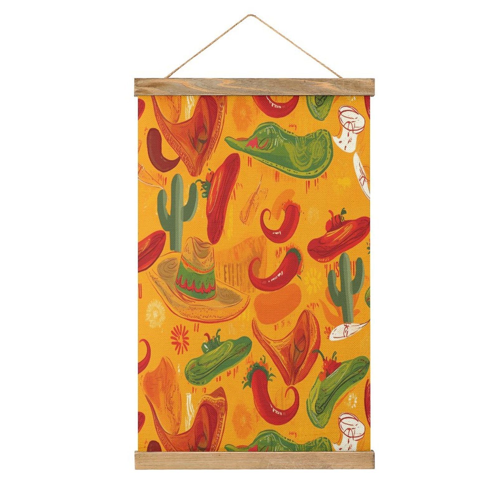 VstaDank Cactus Hat And Chili Pepper Poster with Wooden Frame Hanger Art Painting Wall Decor Poster Wall Hanging Wooden Frame 13x20 Wood Poster Hanger for Photo Picture Art Canvas Print Artwork