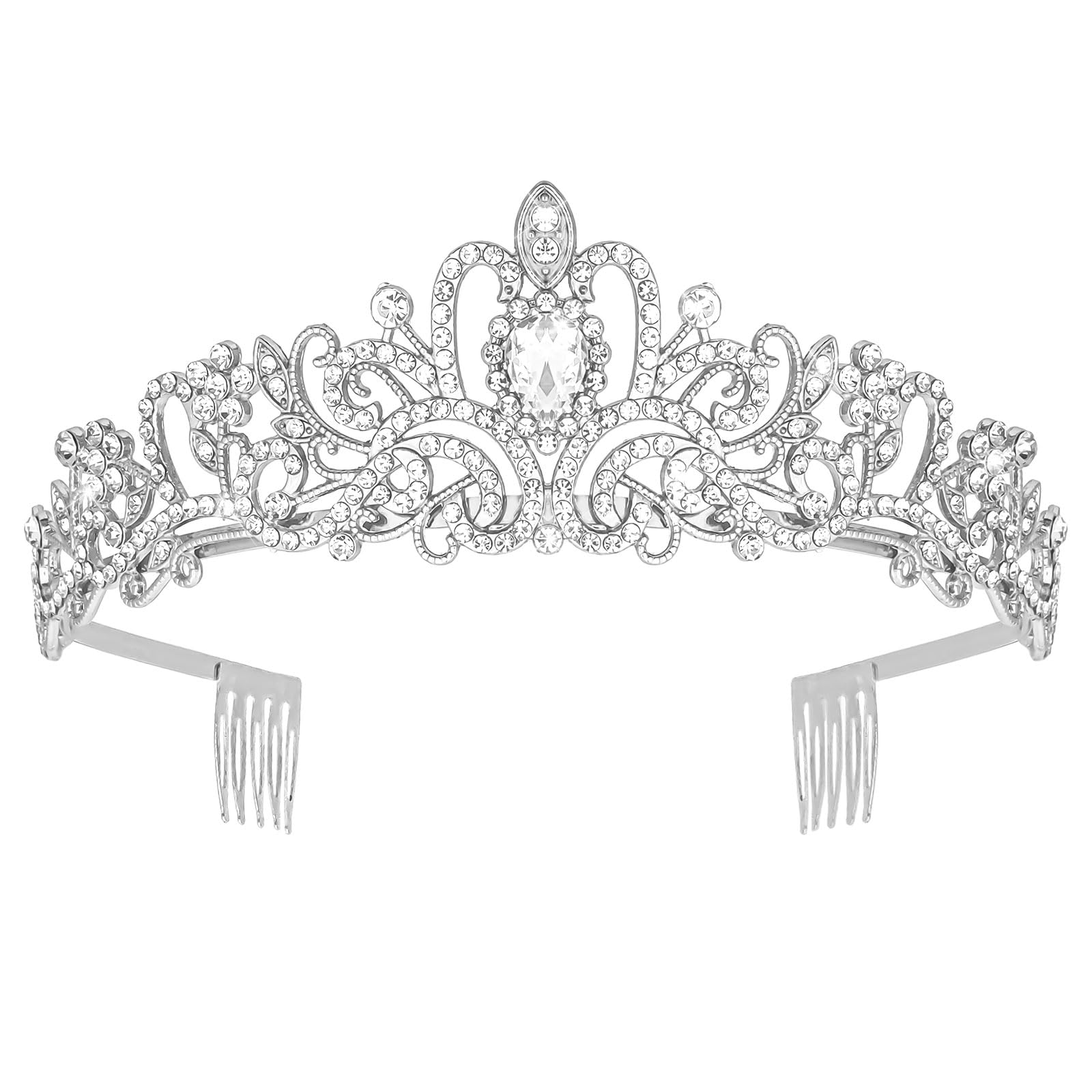 Crystal Tiara Crown Headband Princess Elegant Tiara with Combs for Women Young Ladies Bridal Wedding Prom Birthday Party, Silver