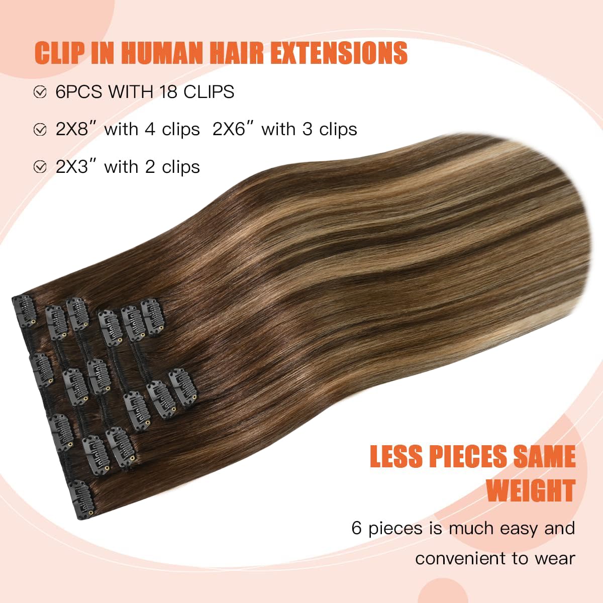 UGOTRAYS Balayage Hair Extensions Real Human Hair, Ombre Medium Brown Fading to Caramel Blonde 15 inches 70g Highlights 100% Human Hair Natural Straight Woman Beauty Clip ins #4/27/4