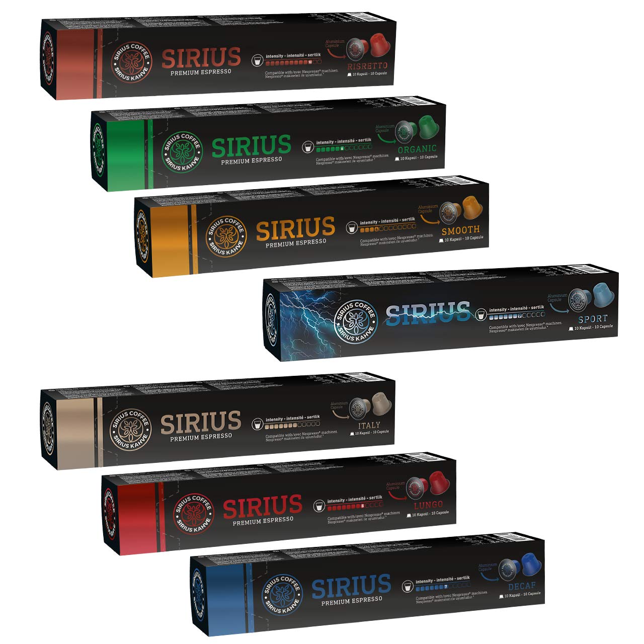 Sirius Premium Kapsül Kahve 7'li Set (Lungo, Italy, Ristretto, Smooth, Sport, Decaf, Organik) (7 x 10 Adet)