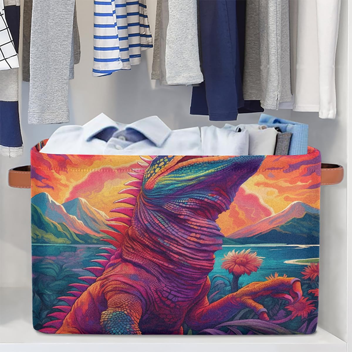 Mexpekil Cesta de almacenamiento multicolor de camaleón, caja de almacenamiento de juguetes para niños, plegable, organizador de tela para estantes, cesta de regalo grande con asas, 2 piezas
