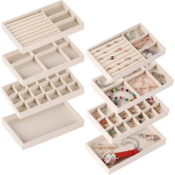 Set of 8 Stackable Velvet Jewelry Organizer Trays 4 Styles Jewelry Storage Insert Split Display Shelves for Drawer Watches Accessories with Removable Dividers Beige
