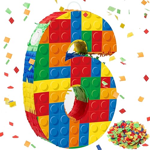 RoundFunny Bloques de construcción número 6, piñata de 16.5 pulgadas, suministros de fiesta de 6 cumpleaños, decoración de fiesta de cumpleaños,