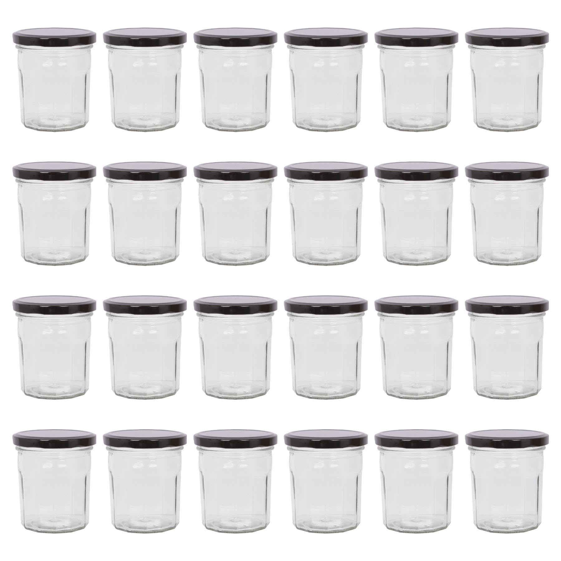 Argon Tableware Black Lid Glass Jam Jars With Airtight S - 250Ml - Pack Of 24 - Empty Screw Top Kitchen Storage Jar For Food, Honey, Spice, Pickling, Preserving, Candle Making