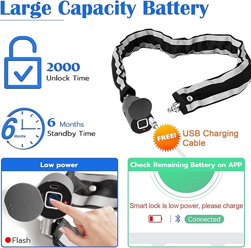 Miniatura 6 de Eseesmart Cerradura de cadena para bicicleta, cerraduras de bicicleta de huellas dactilares, antirrobo, cerraduras de seguridad de 3.28 pies con