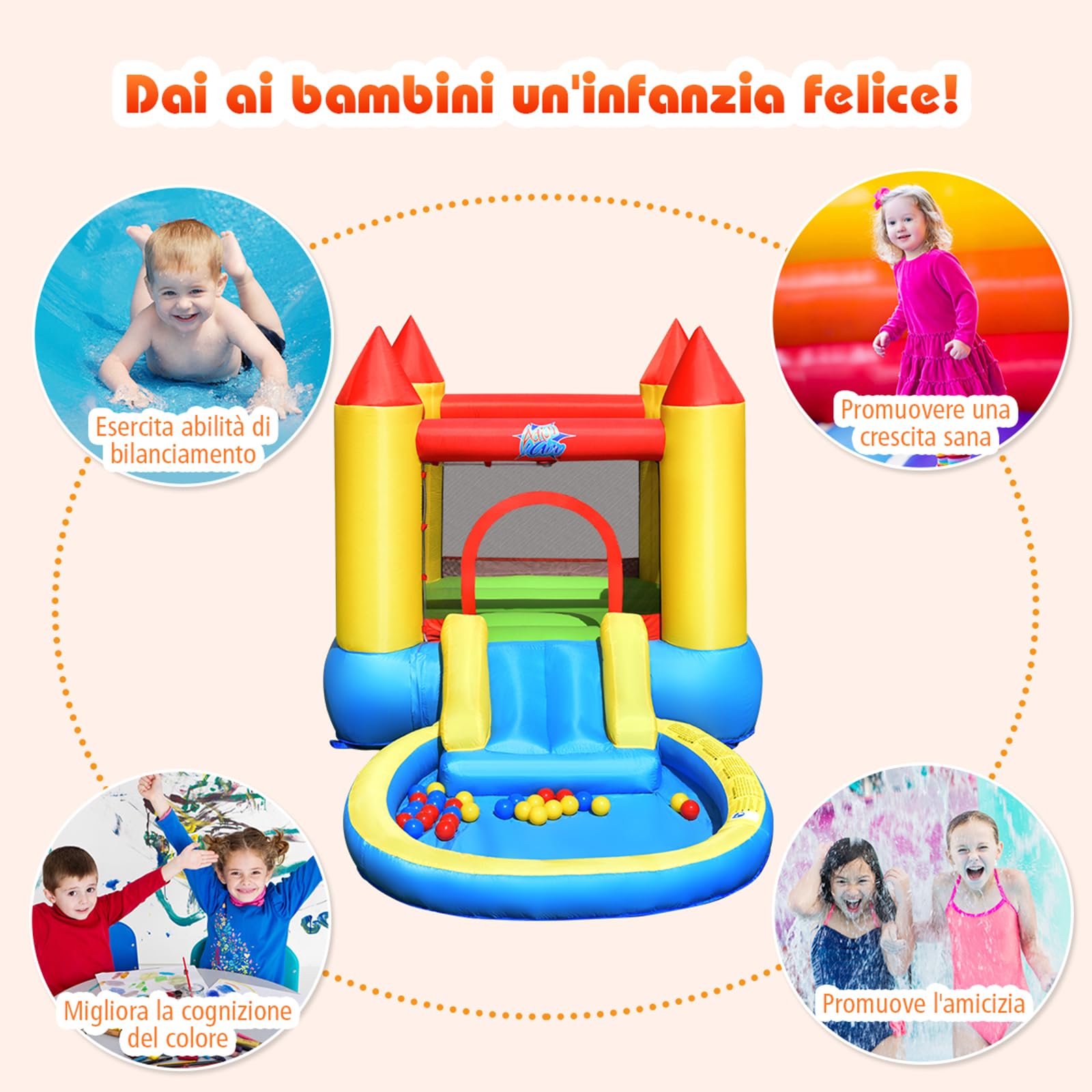 COSTWAY Castello gonfiabile per bambini, Con Scivolo ad Acqua, Trampolino e Piscina, per 2 Bambini di 3-5 Anni, Con Borsa di Trasporto e Kit di Riparazione, 365 x 200 x 190 cm (Senza soffiatore)
