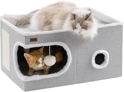 Miniatura 11 de Cama para Gatos de Interior Casa Cubo, Camas de Cueva para Gatos Cubierta y Muebles con Almohadilla Rascadora y Tienda Refugio, Lindo Condominio Gris