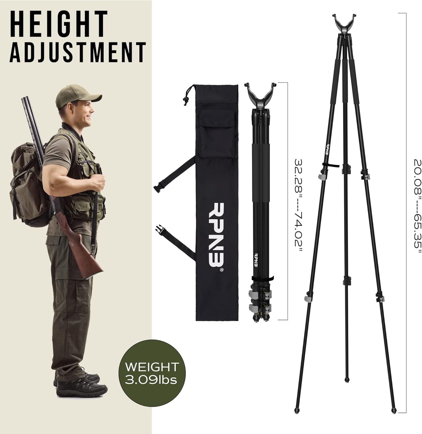RPNB Shooting Tripod with Removable 360º V Yoke Rest,Shooting Sticks for Hunting,Come w/Bubble Level,Button Compass,Lightweight Aluminum Collapsible Tripods Design,Perfect for Rifles,Hunting,Outdoors