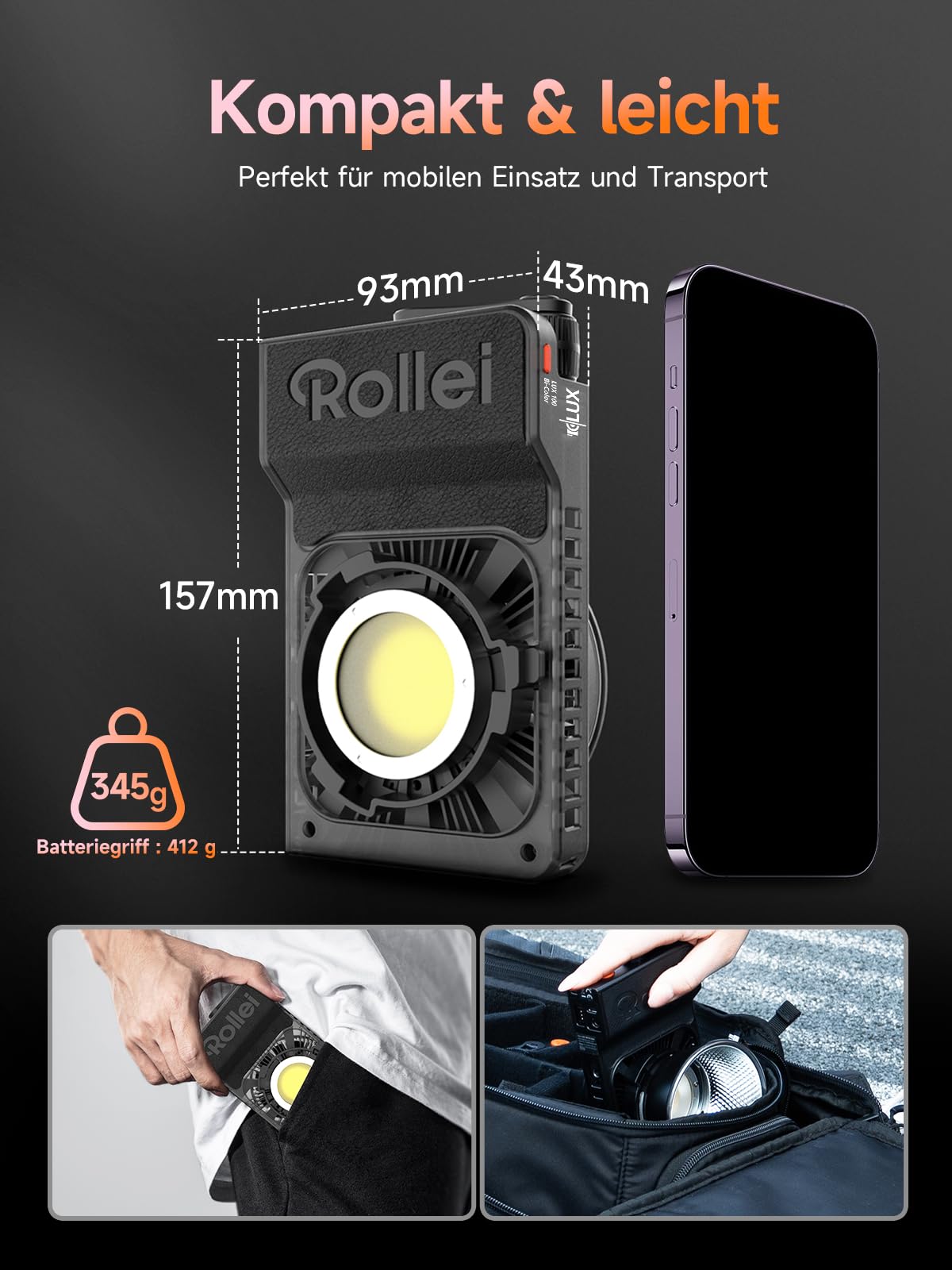 Rollei LUX 100W Bi-Color Professionelles LED-Dauerlicht Fotografie Candela-APP Smarte Bedienung, Fotolicht Ultraflach & Leicht | Duale Stromversorgung | Verstellbare Farbtemperatur 2700 – 6500K