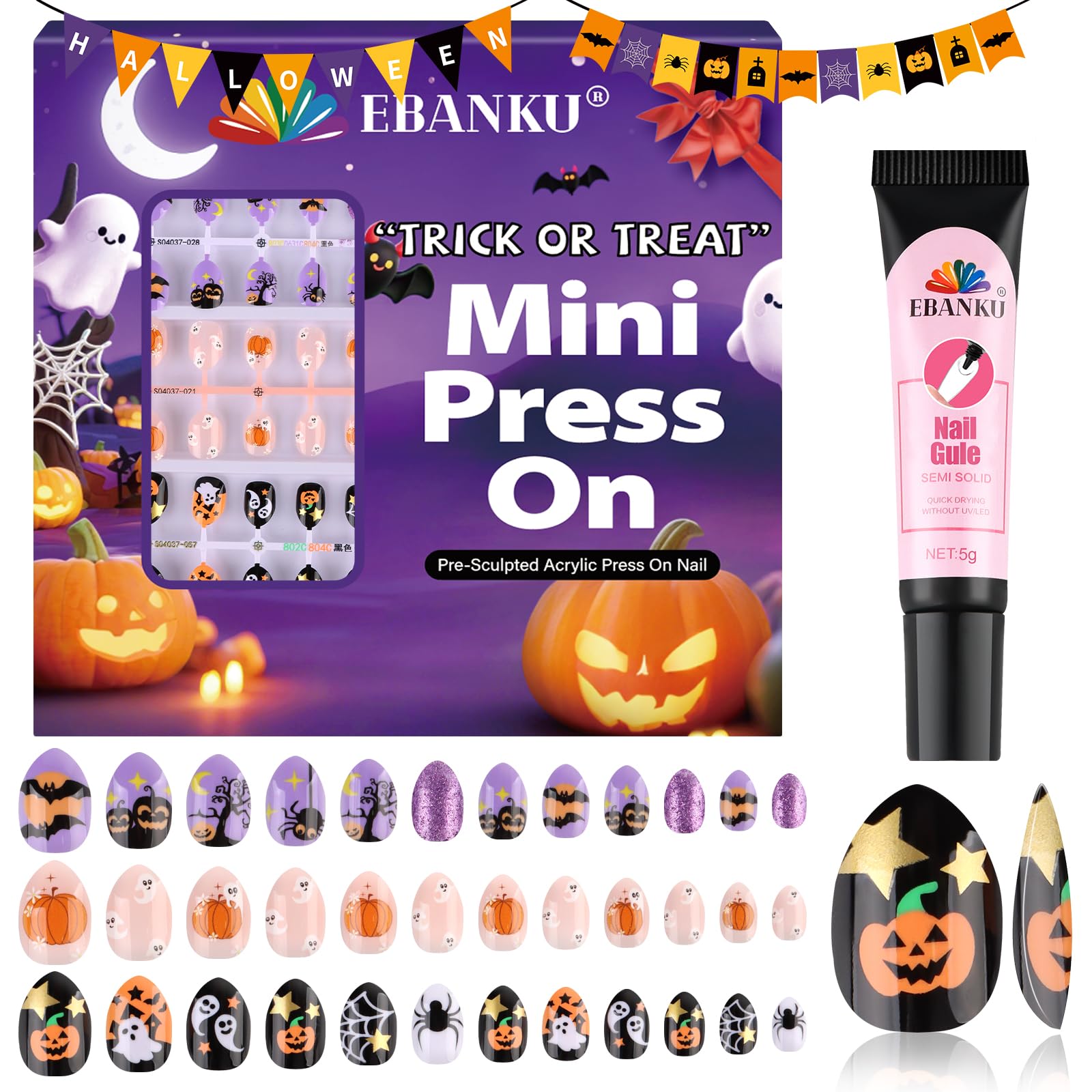 EBANKU 72 piece Halloween press on nails for kids — orange pumpkin ghost cute designs almond fake nails