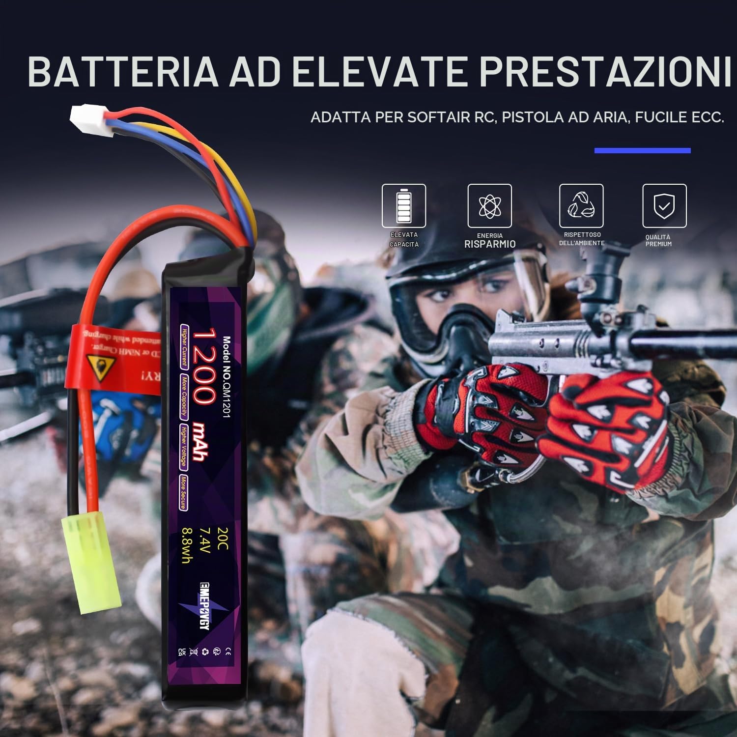 2S Lipo Airsoft - Batteria ricaricabile ai polimeri di litio, 7,4 V, 1200 mAh, 20C, con mini spina TMY per fucili da softair - 2096 (2 confezioni)