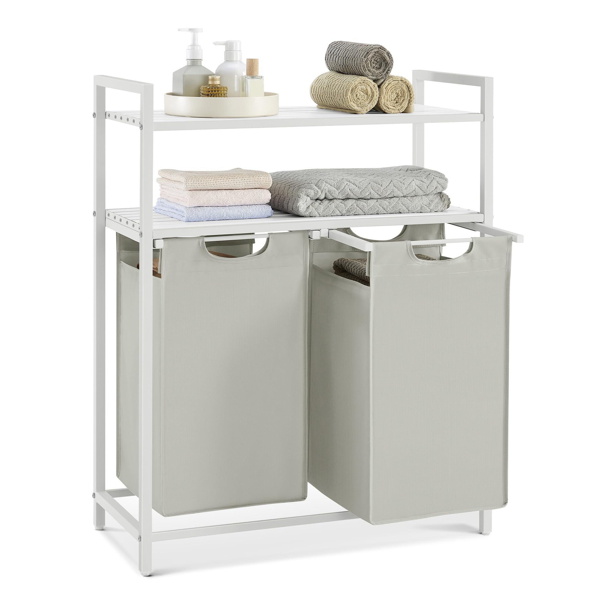 VASAGLE Laundry Basket, Laundry Hamper, Laundry Sorter with 2 Pull-Out and Removable Bags, 2 Shelves, 46L Capacity per Bag, for Laundry Room, White BLH211W01