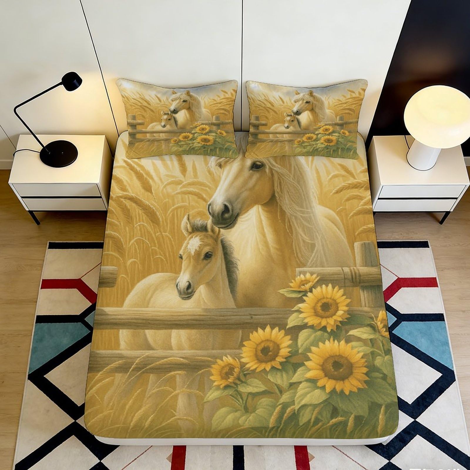 3D Printed Horse Sunflower Fitted Sheet Microfiber Deep Pocket Elastic Hem Horse Mattress Fitted Cover Washable for Bedroom 120x200x25cm