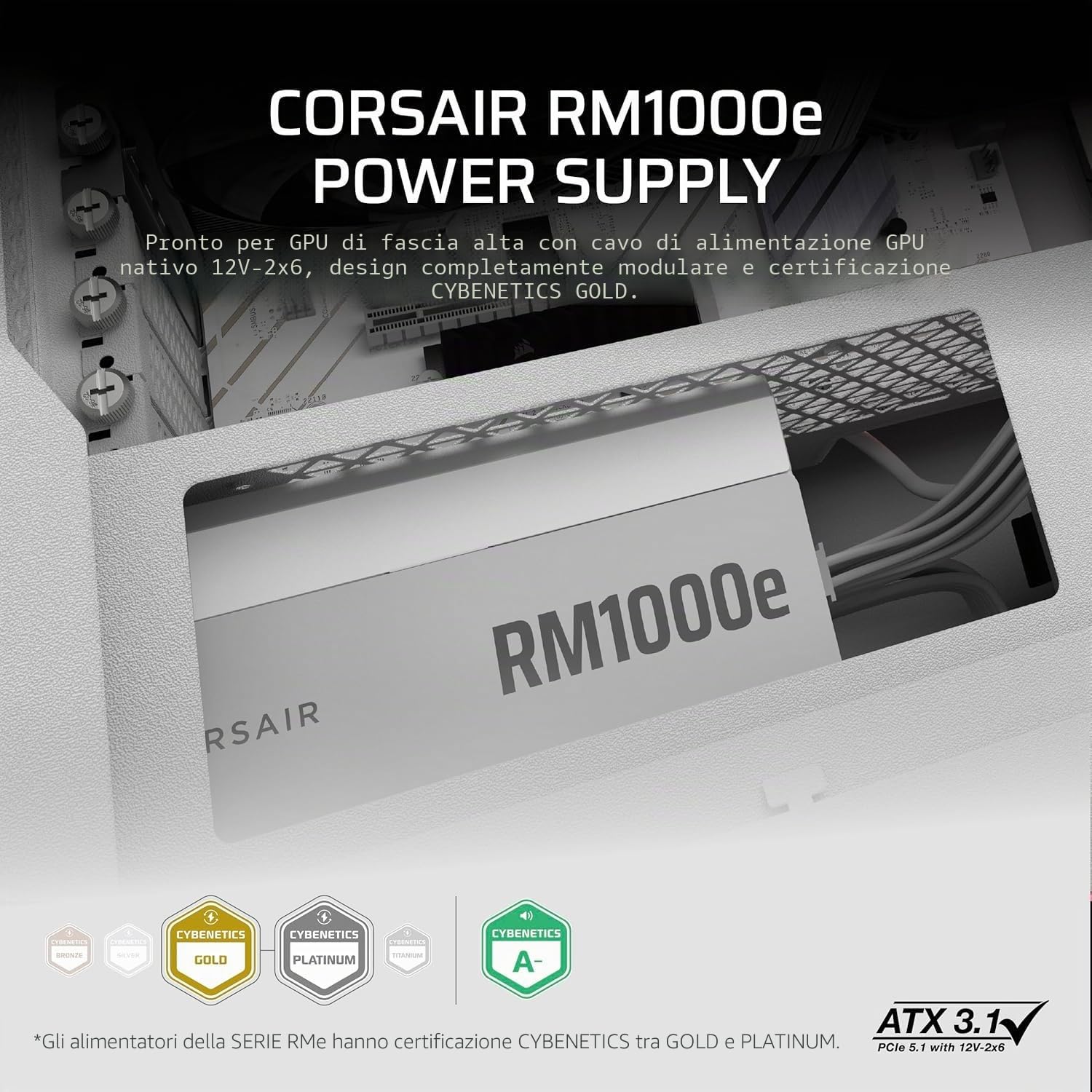 CORSAIR RM1000e (2025) Alimentatore ATX completamente modulare a basso rumore con cavo 12V-2x6 - Conforme ATX 3.1 e PCIe 5.1, efficienza Cybenetics Gold, condensatori classificati 105 ° C, modalità