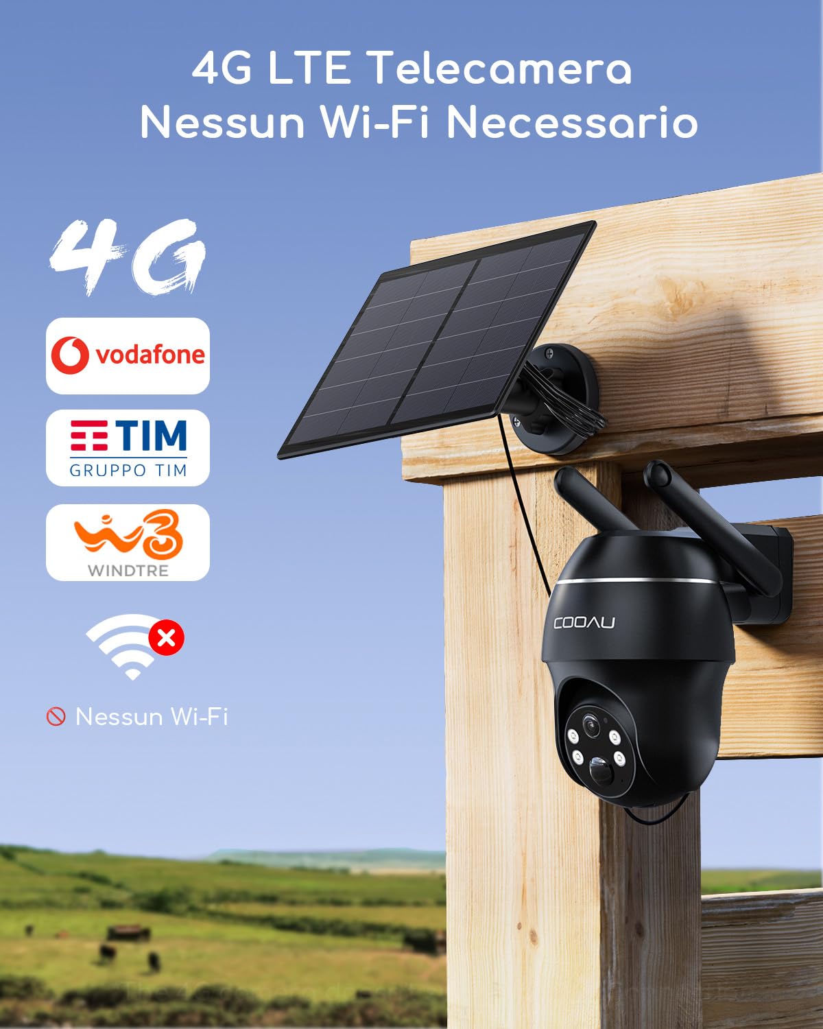 COOAU 4G Telecamera Esterno con SIM e pannello solare,2K Telecamere Batterie Senza Fili,360°PTZ Videocamera Sorveglianza,Visione Notturna a Colori,Audio Bidirezionale,IP66
