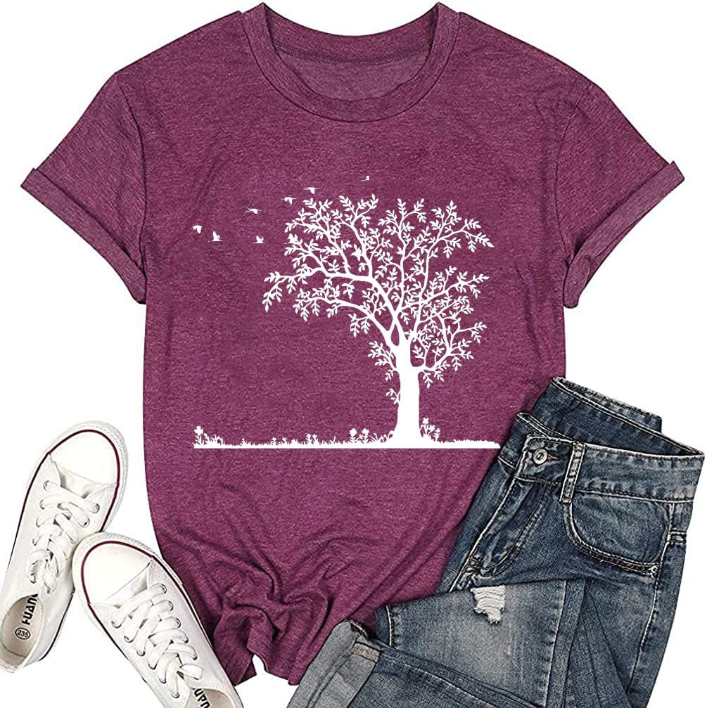 Funny Graphic Tees for Women Cute Nature Trees Printed Shirts Novelty Comfy Summer Trip Short Sleeve Tops